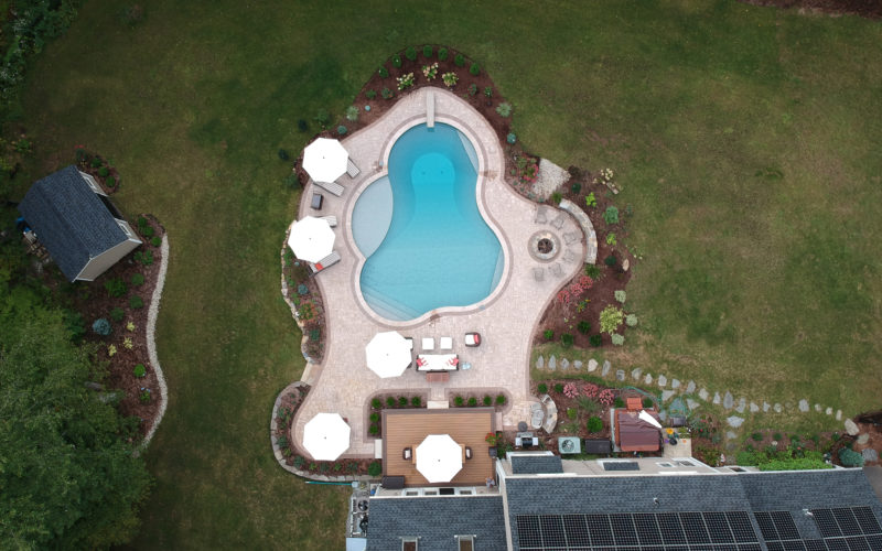 Birds eye view photo of a custom inground pool installed by Majestic Pools